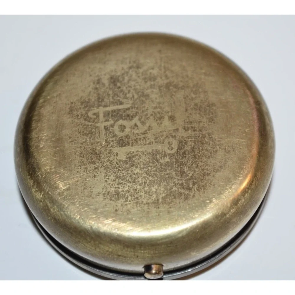 Fossil Decorative Pill Box Trinket‎ Case Metal Leather top floral Estate find